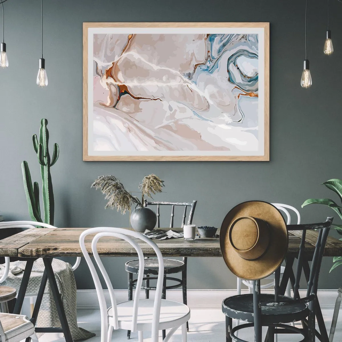 Affisch i ram av ljusek - Blåa meanderlopp under vithet - 70x50 cm