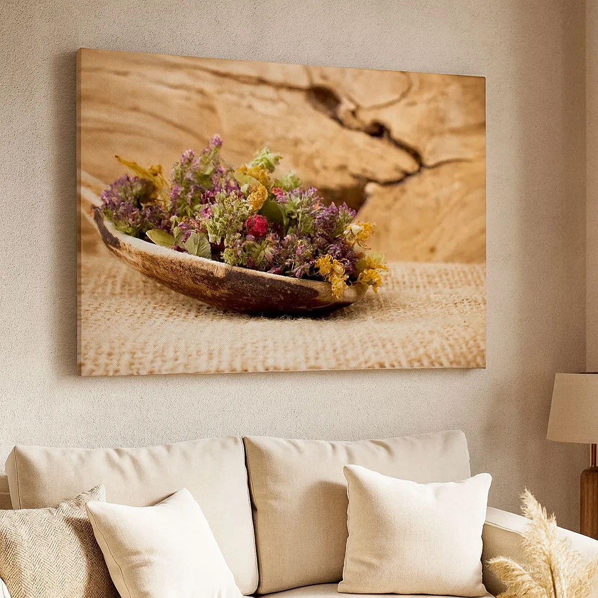 Canvastavla - Bild på duk - Torkade örter i en träsked på en naturlig träbakgrund - 70x50cm - Färgglada blommor och doftande örter - Modern väggdekoration för vardagsrum och sovrum ARTTOR