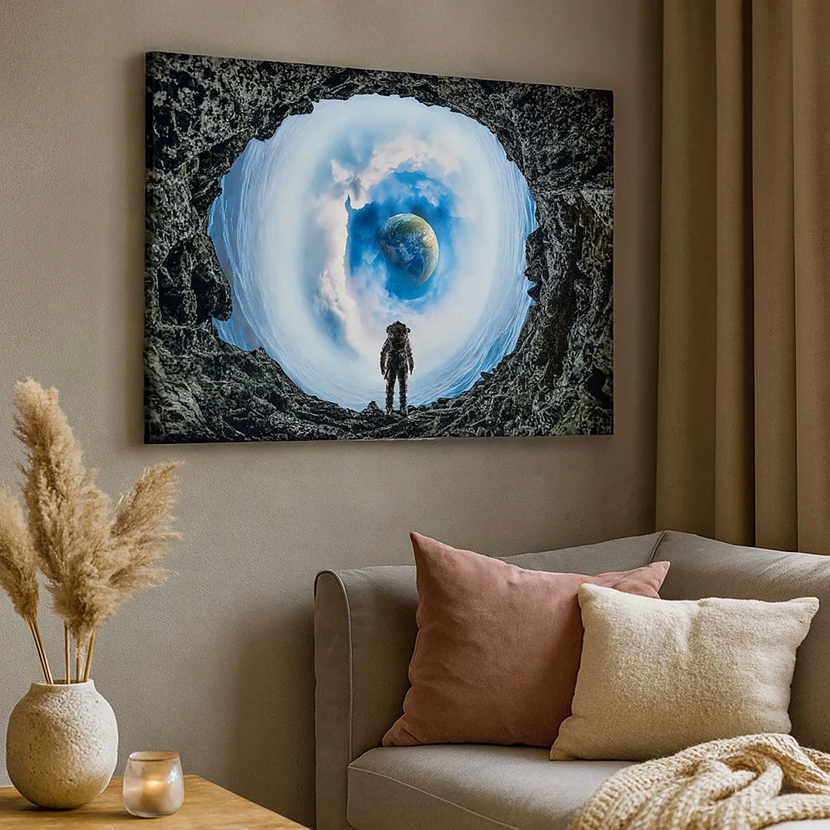 Canvastavla - Bild på duk - Astronaut mot ett rymdlandskap med jorden i bakgrunden - 70x50cm - Det är inte långt kvar hem - Modern väggdekoration för vardagsrum och sovrum ARTTOR