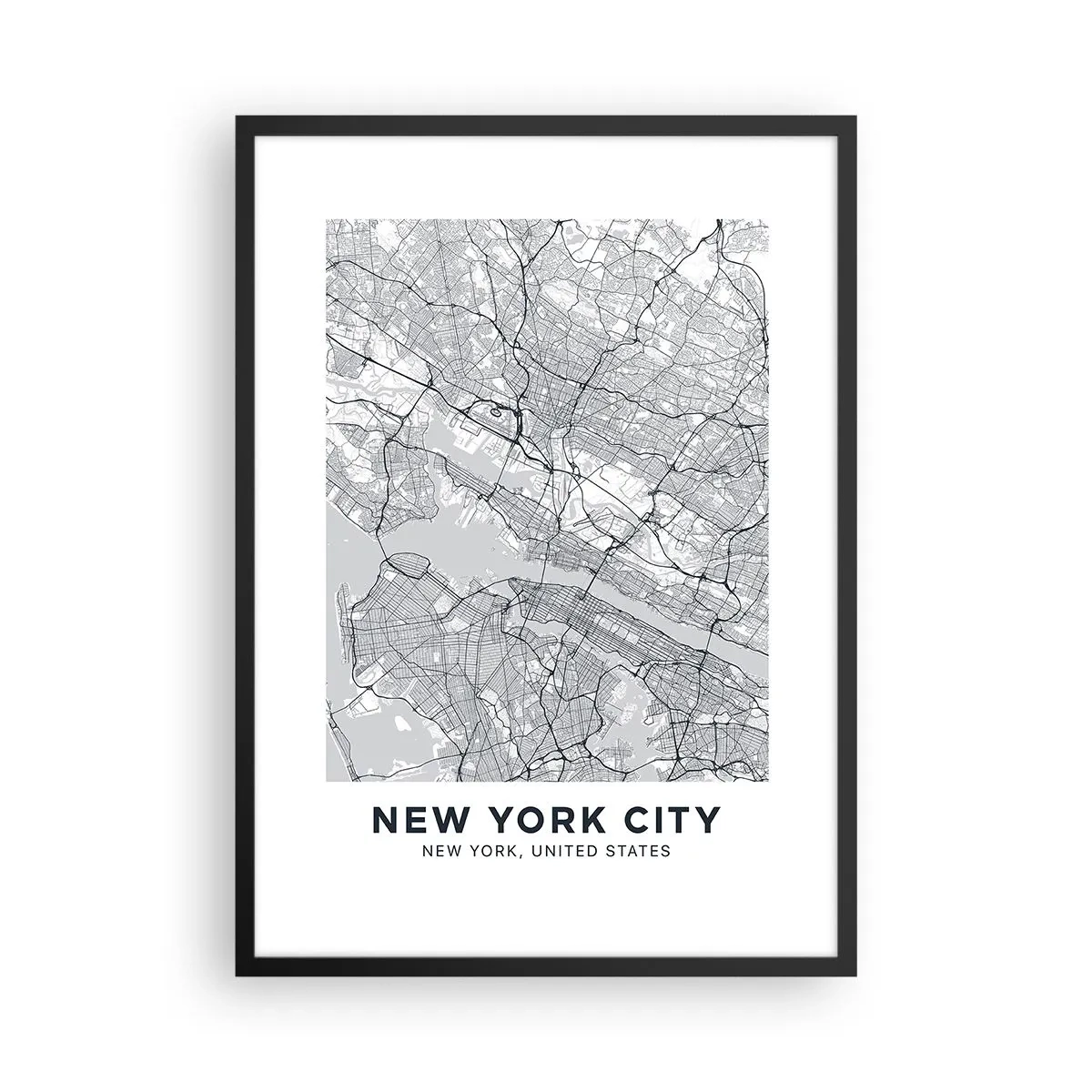 Affisch i svart ram - En minimalistisk karta över New York City - 50x70cm - Metropolens anatomi - Modern väggdekoration för vardagsrum och sovrum ARTTOR