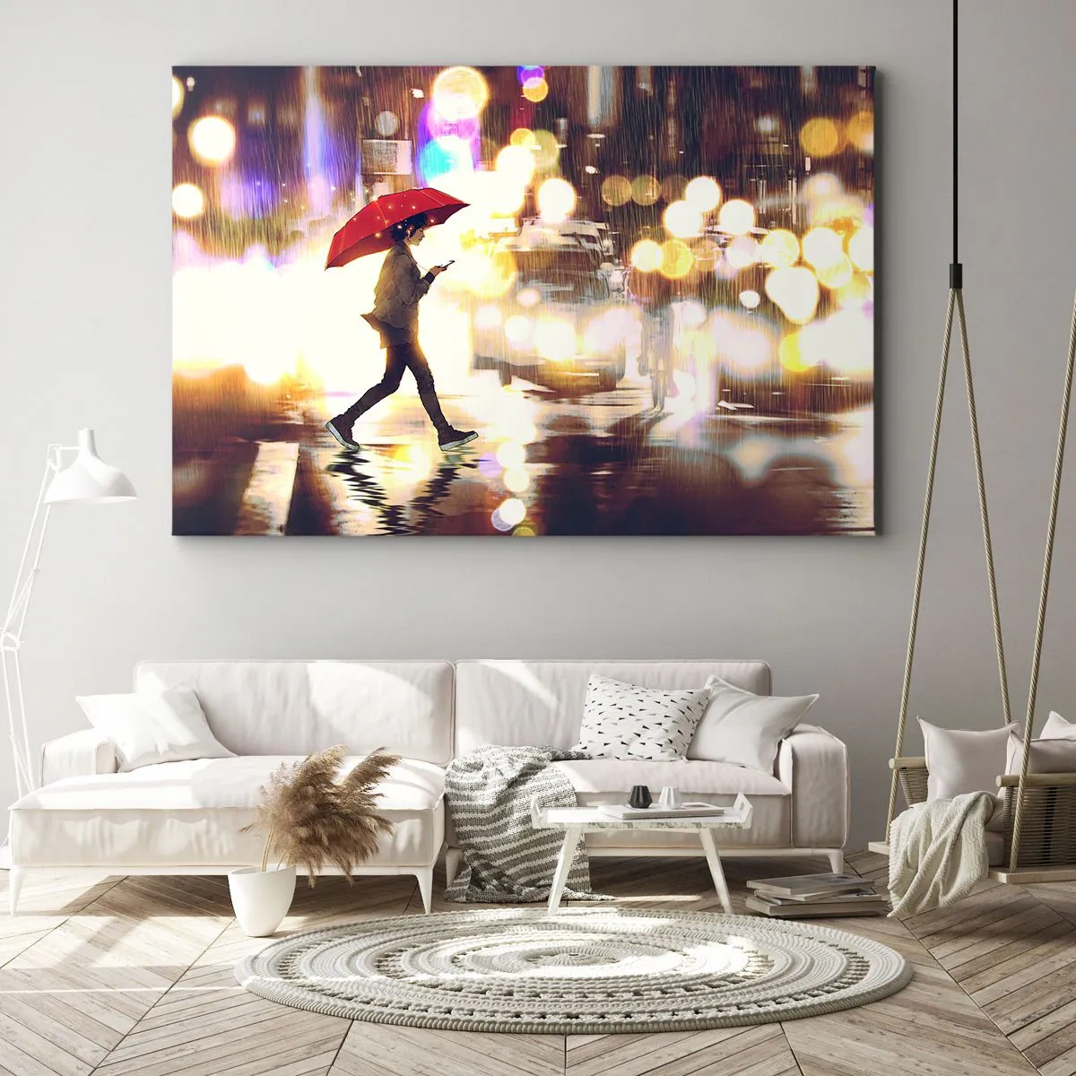 Canvastavla - Bild på duk - En figur med ett rött paraply på gatan i regnet - 70x50cm - Solig trots allt - Modern väggdekoration för vardagsrum och sovrum ARTTOR