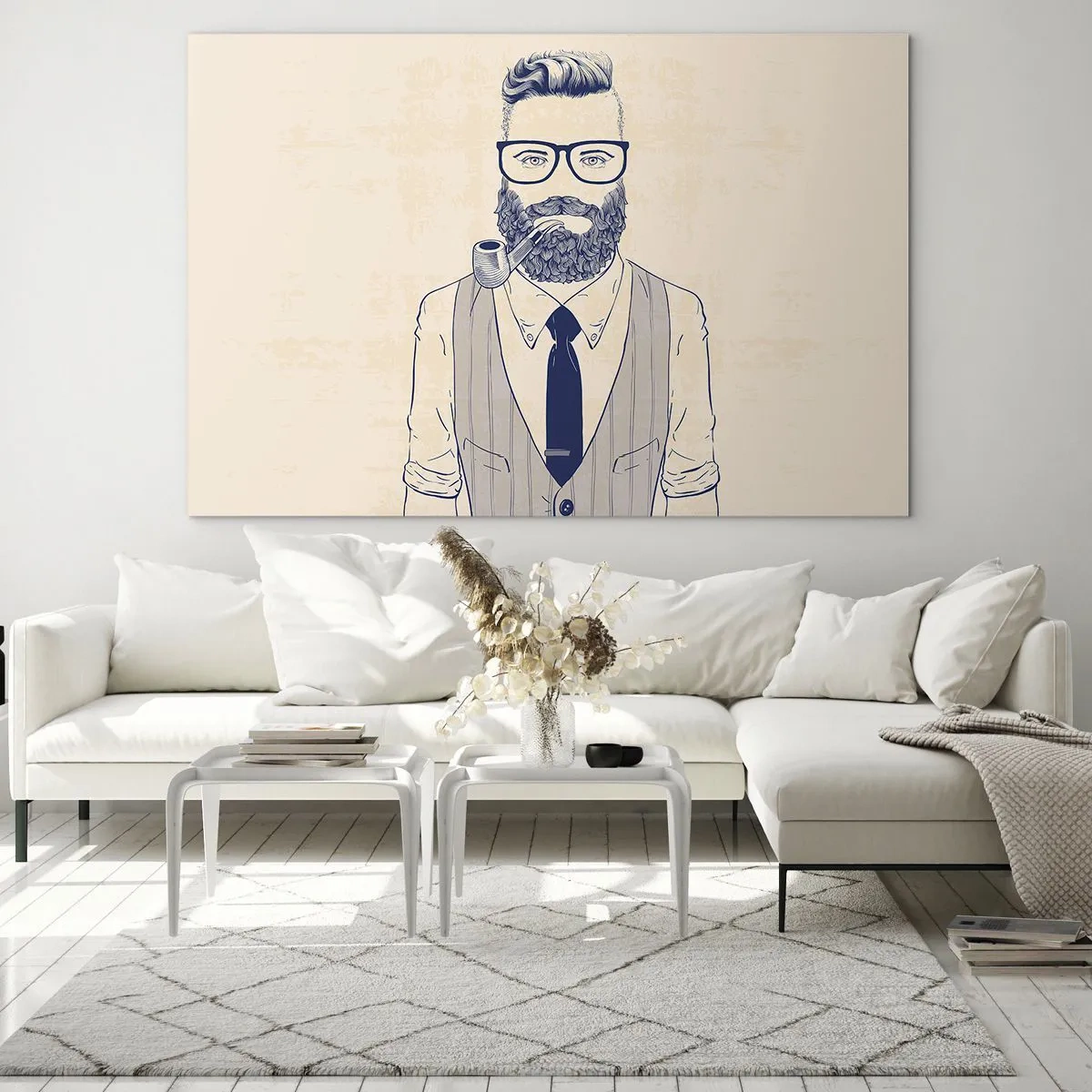 Glastavla - Bild på glas - En stiliserad man med skägg, glasögon och pipa mot en ljus bakgrund. - 70x50cm - Glad, manlig och modemedveten - Modern väggdekoration för vardagsrum och sovrum ARTTOR