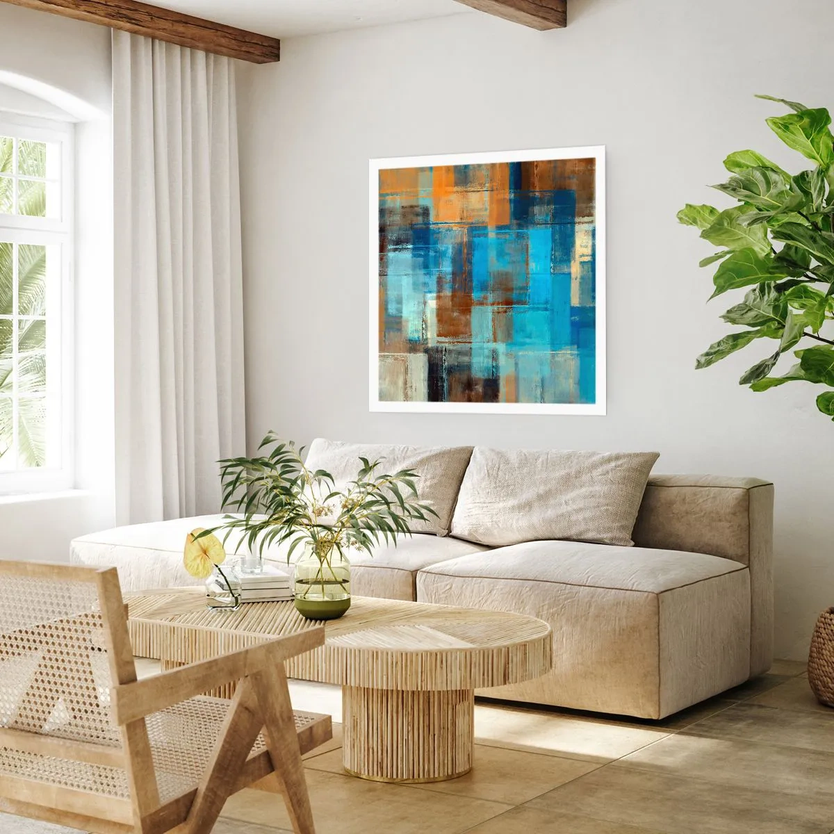 Affisch - Genom blåa gardinen - 40x40 cm