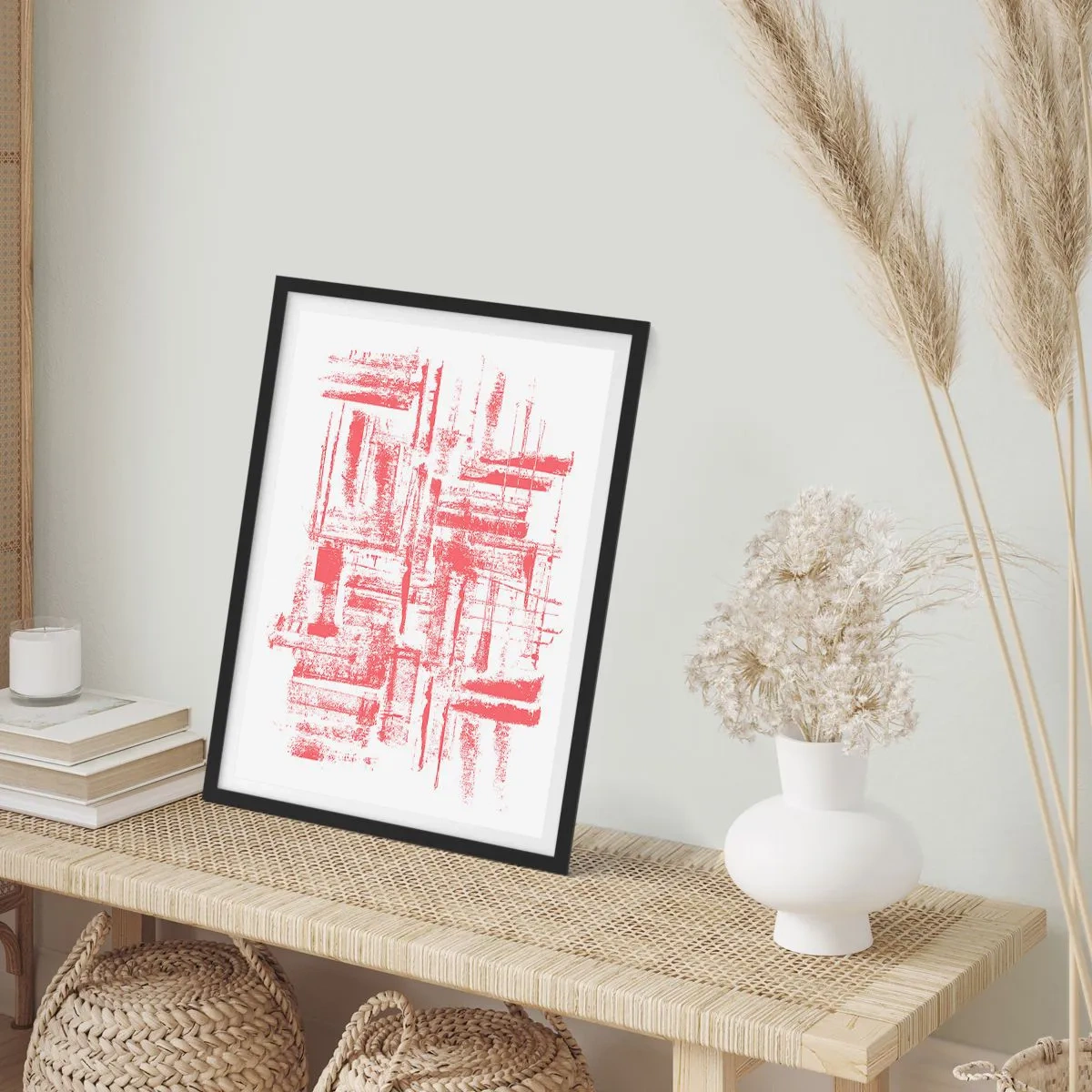 Affisch i svart ram - Röda geometriska linjer på en vit bakgrund - 50x70cm - Röd stad - Modern väggdekoration för vardagsrum och sovrum ARTTOR