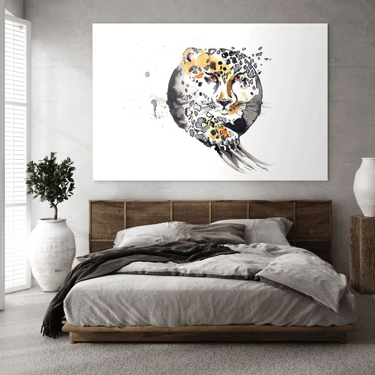 Glastavla - Bild på glas - Leopard i en dynamisk, abstrakt komposition - 70x50cm - Farlig skönhet - Modern väggdekoration för vardagsrum och sovrum ARTTOR