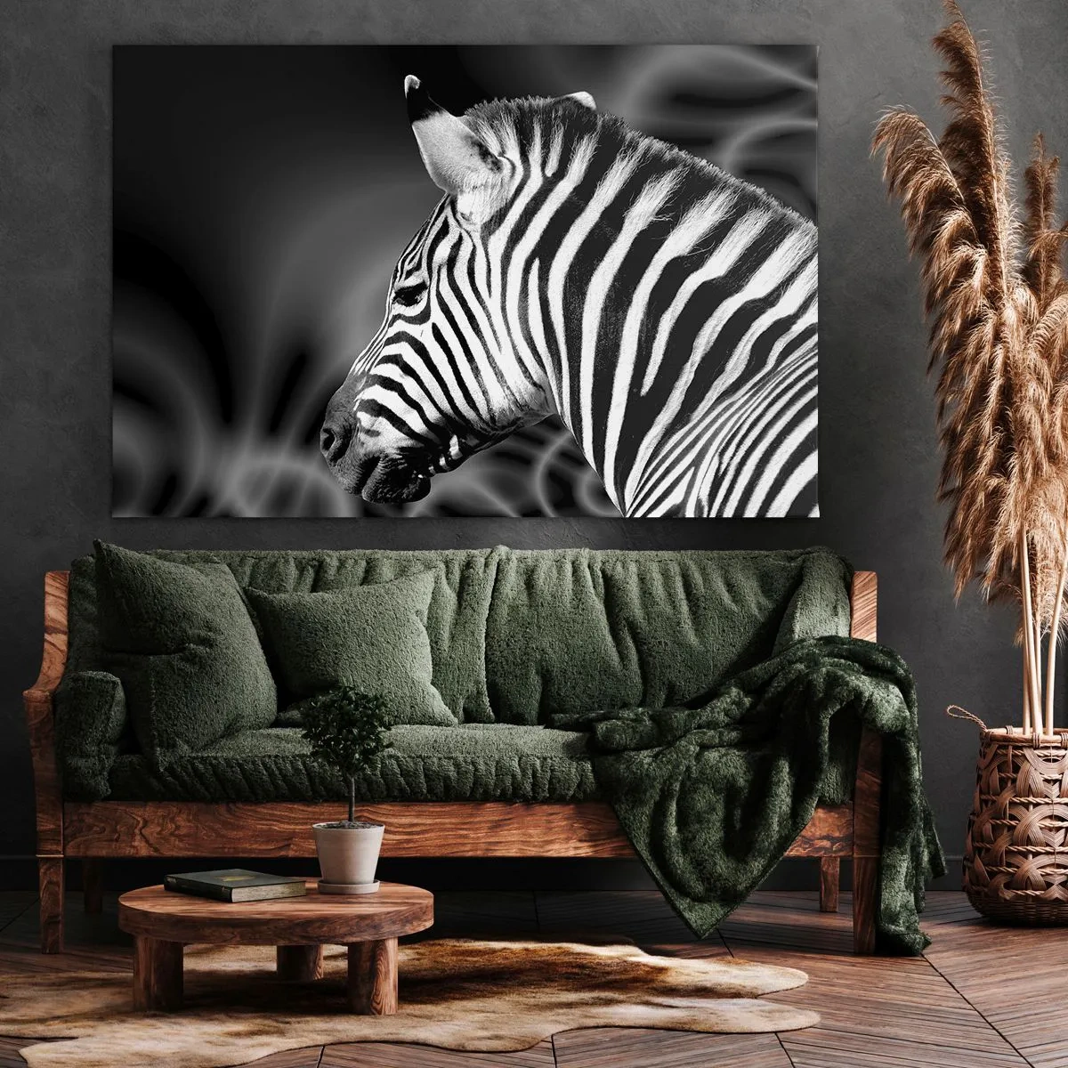 Canvastavla - Bild på duk - Svartvitt porträtt av en zebra mot en bakgrund av abstrakta mönster. - 70x50cm - Vit är vit och svart är svart - Modern väggdekoration för vardagsrum och sovrum ARTTOR