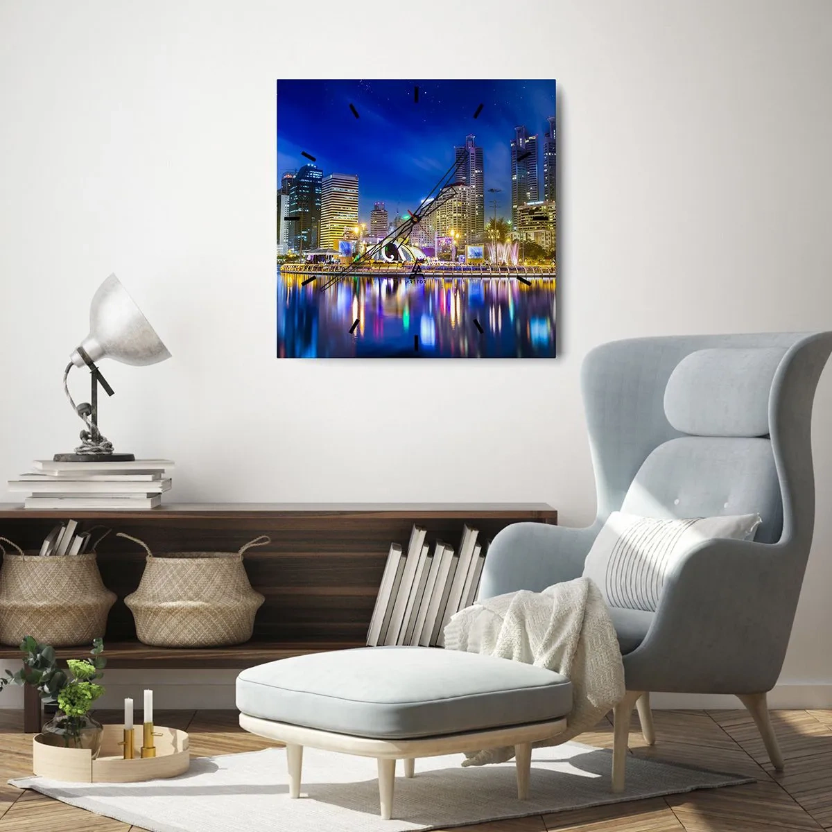 Väggklocka - Klocka på glas - Metropolens regnbågsnatt - 40x40 cm