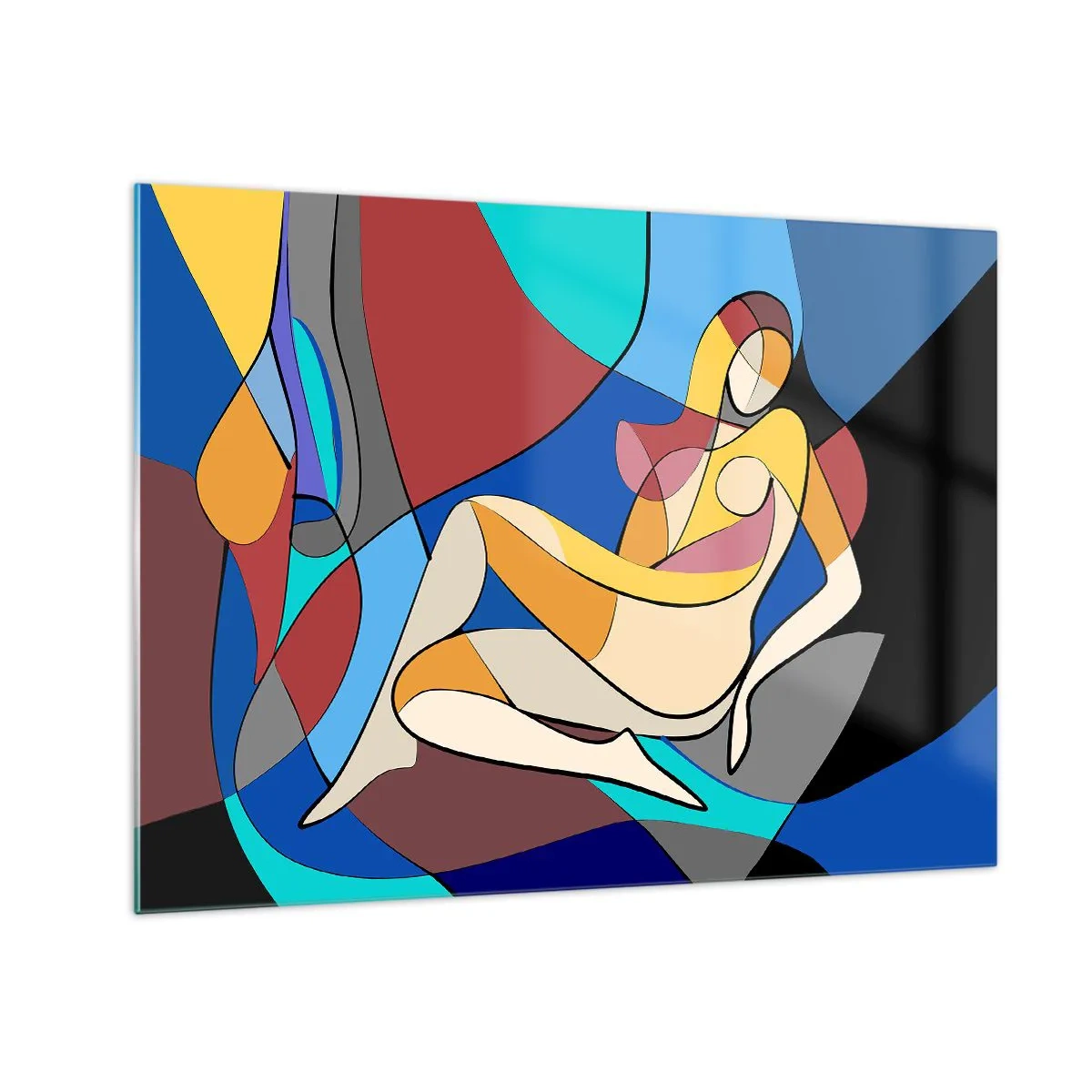 Glastavla - Bild på glas - Kubistisk kvinna i en abstrakt komposition - 70x50cm - Kubistisk nakenbild - Modern väggdekoration för vardagsrum och sovrum ARTTOR