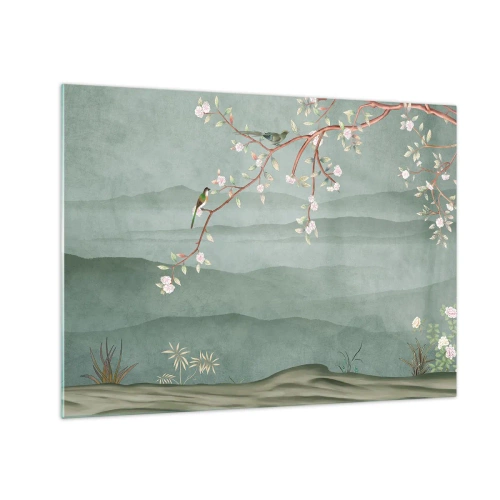 Glastavla - Bild på glas - En gren med blommor och fåglar mot en bakgrund av gröna kullar - 70x50cm - Vår, ah, det är du - Modern väggdekoration för vardagsrum och sovrum ARTTOR