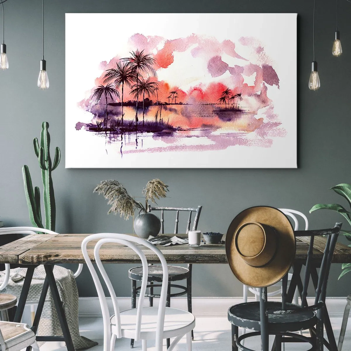 Canvastavla - Bild på duk - Tropiskt landskap med palmer vid solnedgången i akvarell - 70x50cm - Tropikens ro i rött - Modern väggdekoration för vardagsrum och sovrum ARTTOR