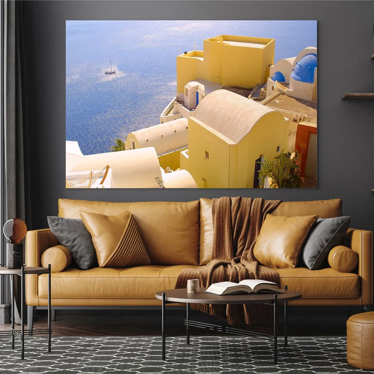 Glastavla - Bild på glas - Utsikt över Santorini med blått hav och vita byggnader - 70x50cm - Grekiskt landskap i vit och blå - Modern väggdekoration för vardagsrum och sovrum ARTTOR
