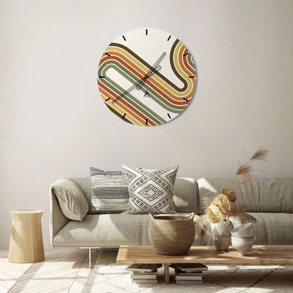 Väggklocka - Klocka på glas - Geometriska linjer i retrofärger mot en ljus bakgrund - 30x30cm - Zig-zack mot målet - Modern väggdekoration för vardagsrum, kök och sovrum ARTTOR
