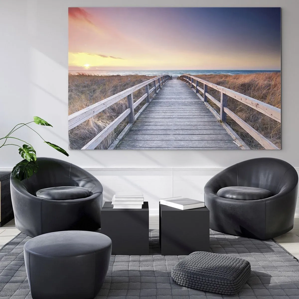 Glastavla - Bild på glas - Träbrygga som leder till stranden vid solnedgången - 70x50cm - Kvällssken i Östersjön - Modern väggdekoration för vardagsrum och sovrum ARTTOR