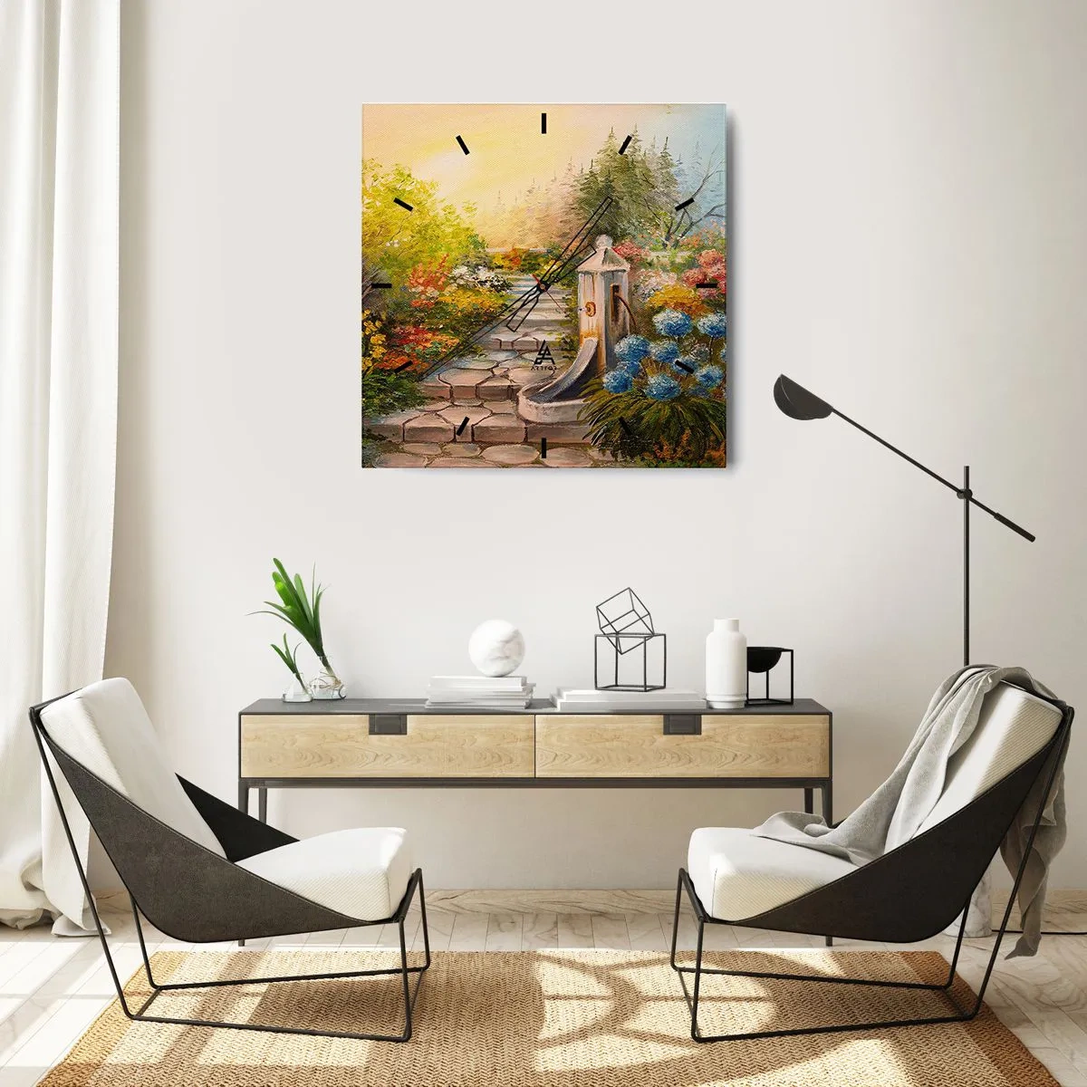 Väggklocka - Klocka på glas - Fullt blommande - 40x40 cm