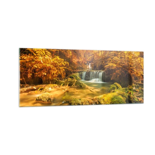 Glastavla - Bild på glas - Skogkaskad i gult - 100x40 cm