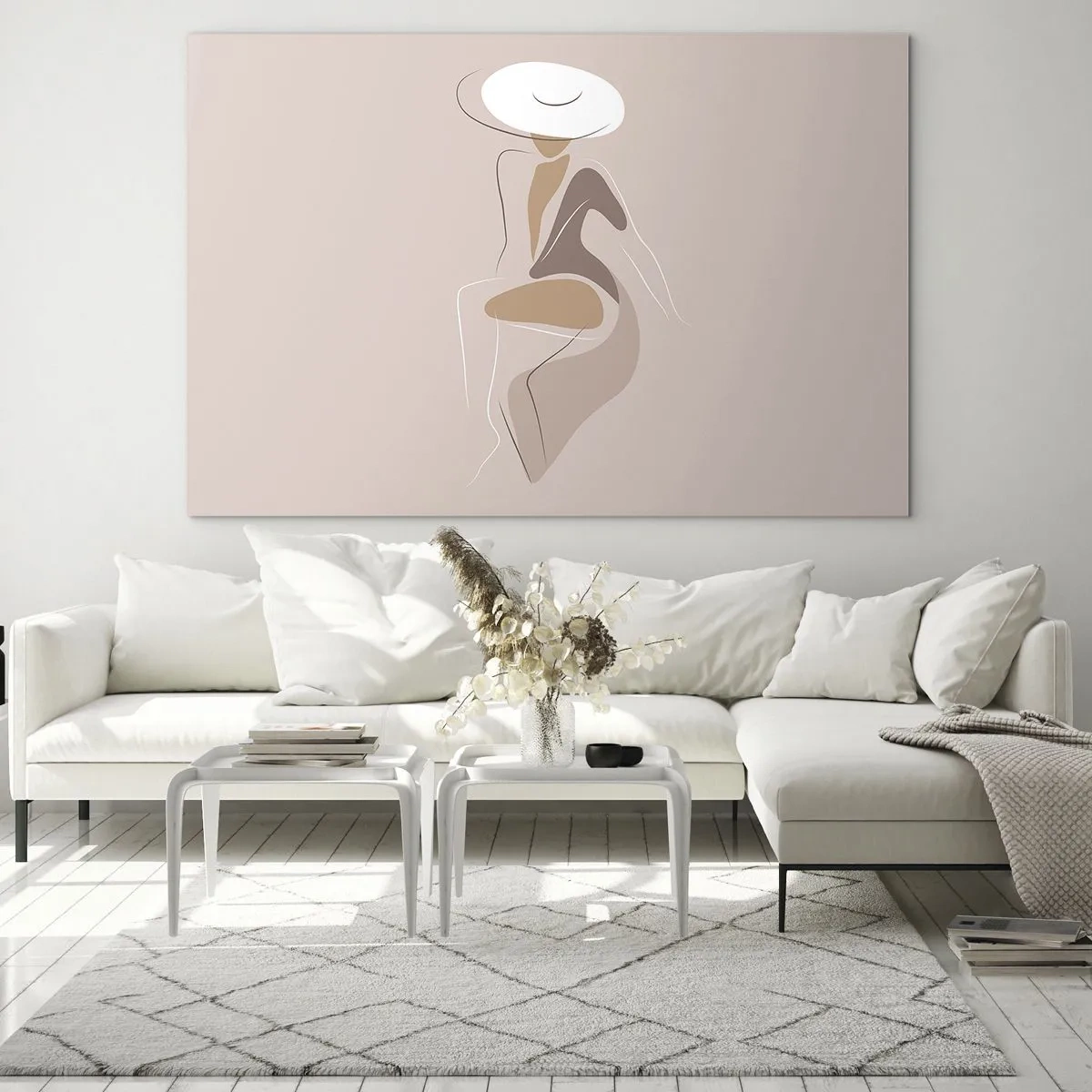 Glastavla - Bild på glas - Silhuett av en kvinna i hatt på en beige bakgrund - 70x50cm - Att vara dam - Modern väggdekoration för vardagsrum och sovrum ARTTOR