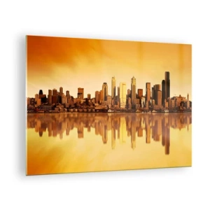 Glastavla - Bild på glas - Panorama över staden i solnedgångens gyllene ljus - 70x50cm - Metropolens tystnad - Modern väggdekoration för vardagsrum och sovrum ARTTOR