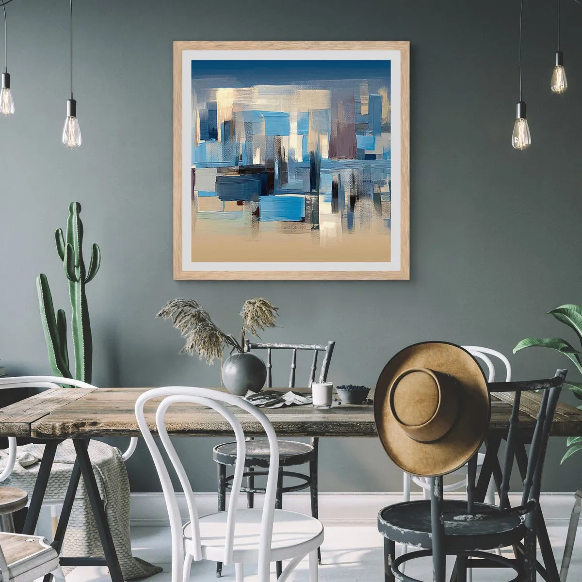 Affisch i ram av ljusek - Blå konstruktion - 60x60 cm