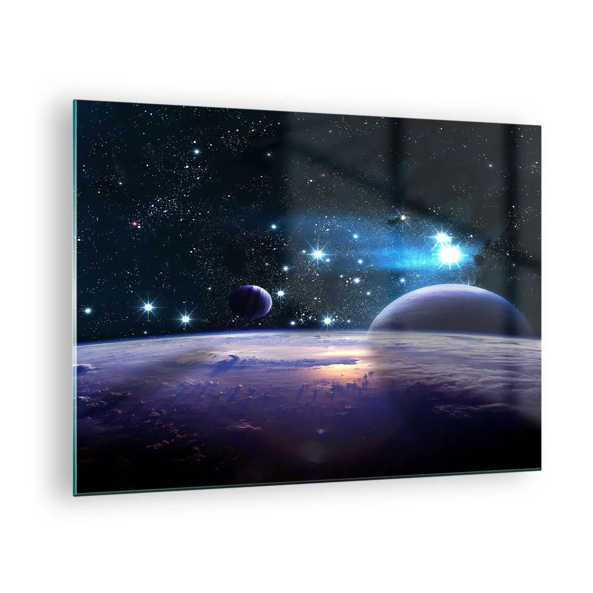 Glastavla - Bild på glas - Ett rymdlandskap med planeter och stjärnor mot bakgrund av en galax. - 70x50cm - Fortfarande ensamma? - Modern väggdekoration för vardagsrum och sovrum ARTTOR