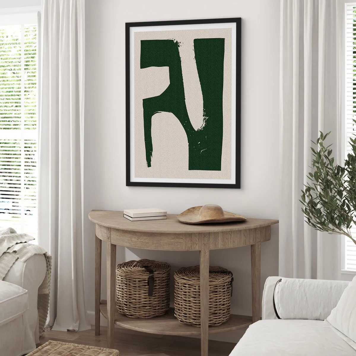 Affisch i svart ram - Minimalistisk abstraktion i grönt och beige - 50x70cm - Vikar av vitt - Modern väggdekoration för vardagsrum och sovrum ARTTOR