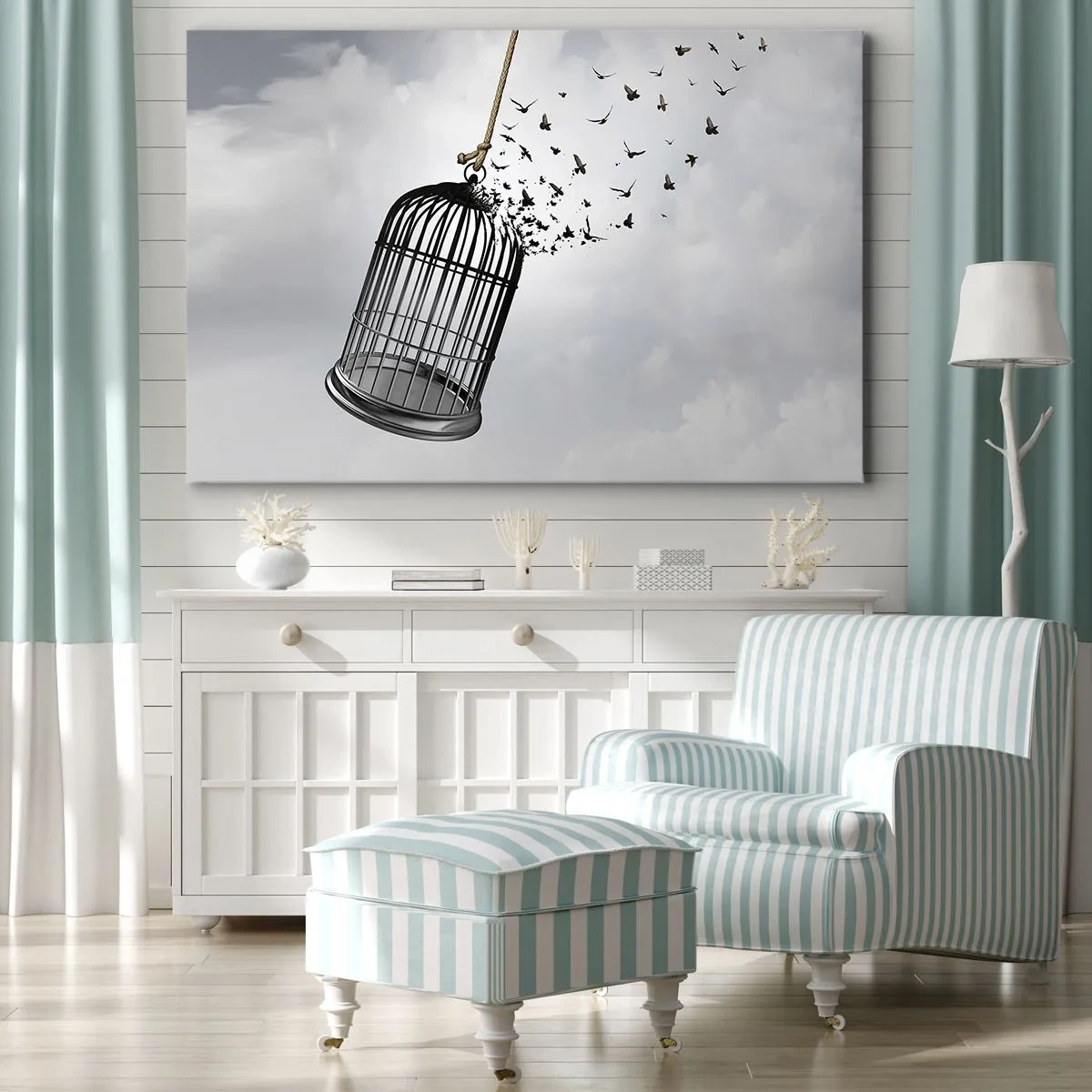 Canvastavla - Bild på duk - Fåglar som flyger ut ur en bur mot himlen - 70x50cm - Tro...Hopp...Frihet! - Modern väggdekoration för vardagsrum och sovrum ARTTOR