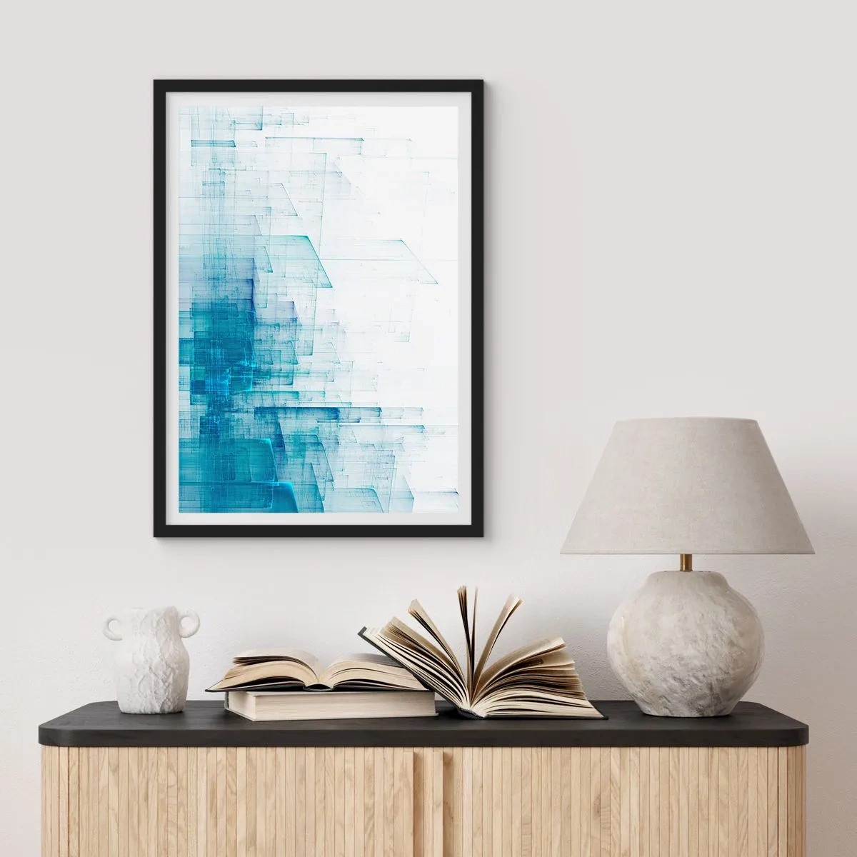 Affisch i svart ram - Abstrakt geometrisk komposition i nyanser av blått och vitt - 50x70cm - Hur utrymmet blev till - Modern väggdekoration för vardagsrum och sovrum ARTTOR