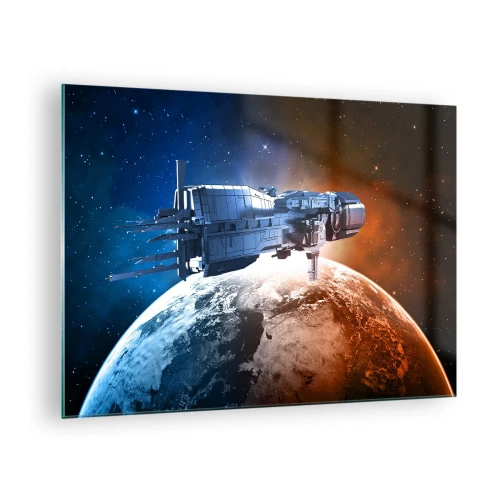 Glastavla - Bild på glas - Ett rymdskepp som kretsar kring en planet i stjärnljus - 70x50cm - Uppmärksam åskådare - Modern väggdekoration för vardagsrum och sovrum ARTTOR
