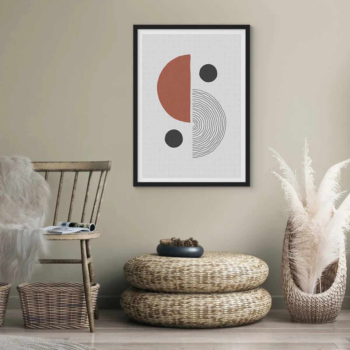 Affisch i svart ram - Abstrakt geometrisk komposition i varma färger - 50x70cm - Hjulets perfektion - Modern väggdekoration för vardagsrum och sovrum ARTTOR