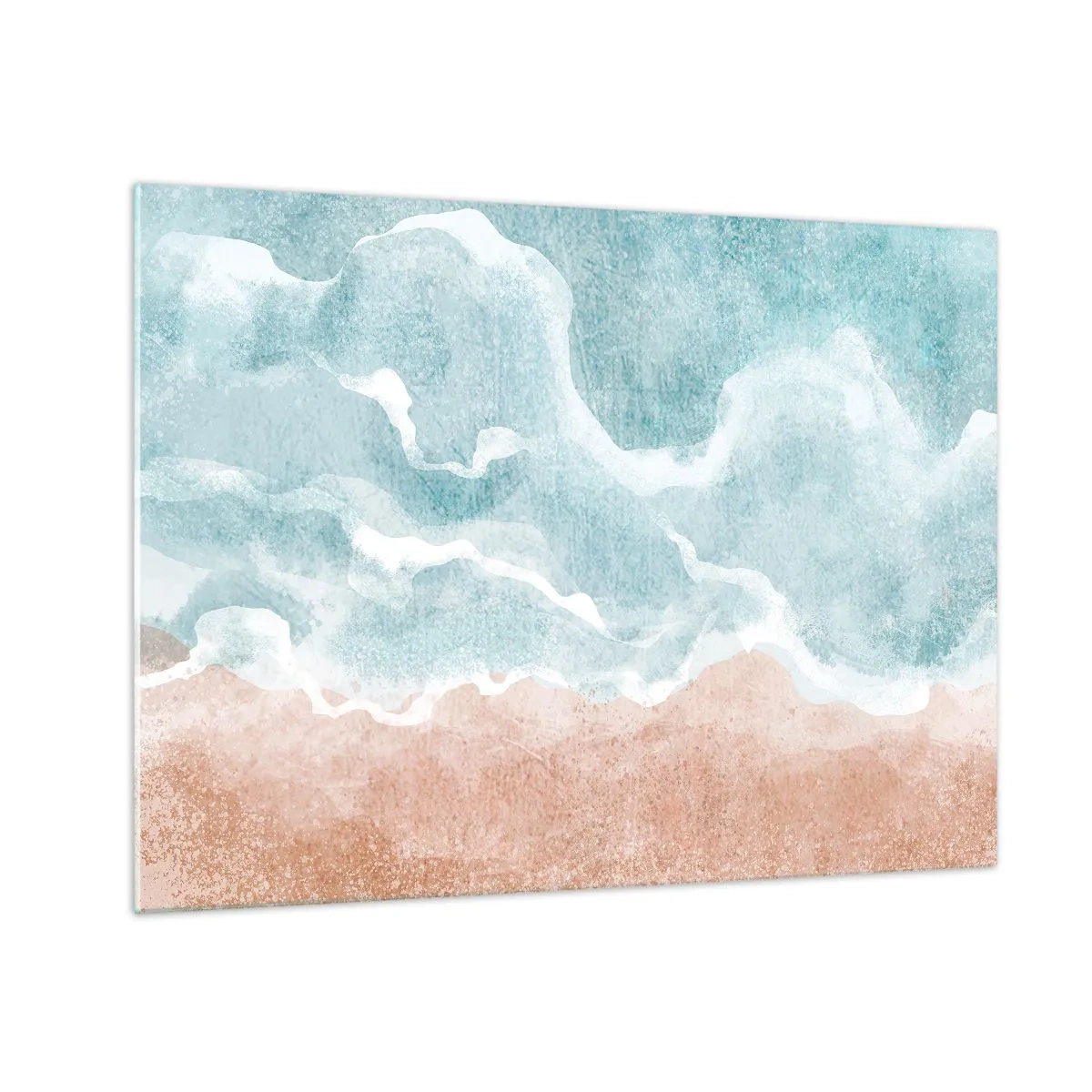 Glastavla - Bild på glas - Pastellvågor i blått och beige skapar en grumlig abstraktion. - 70x50cm - Abstraktion i moln - Modern väggdekoration för vardagsrum och sovrum ARTTOR
