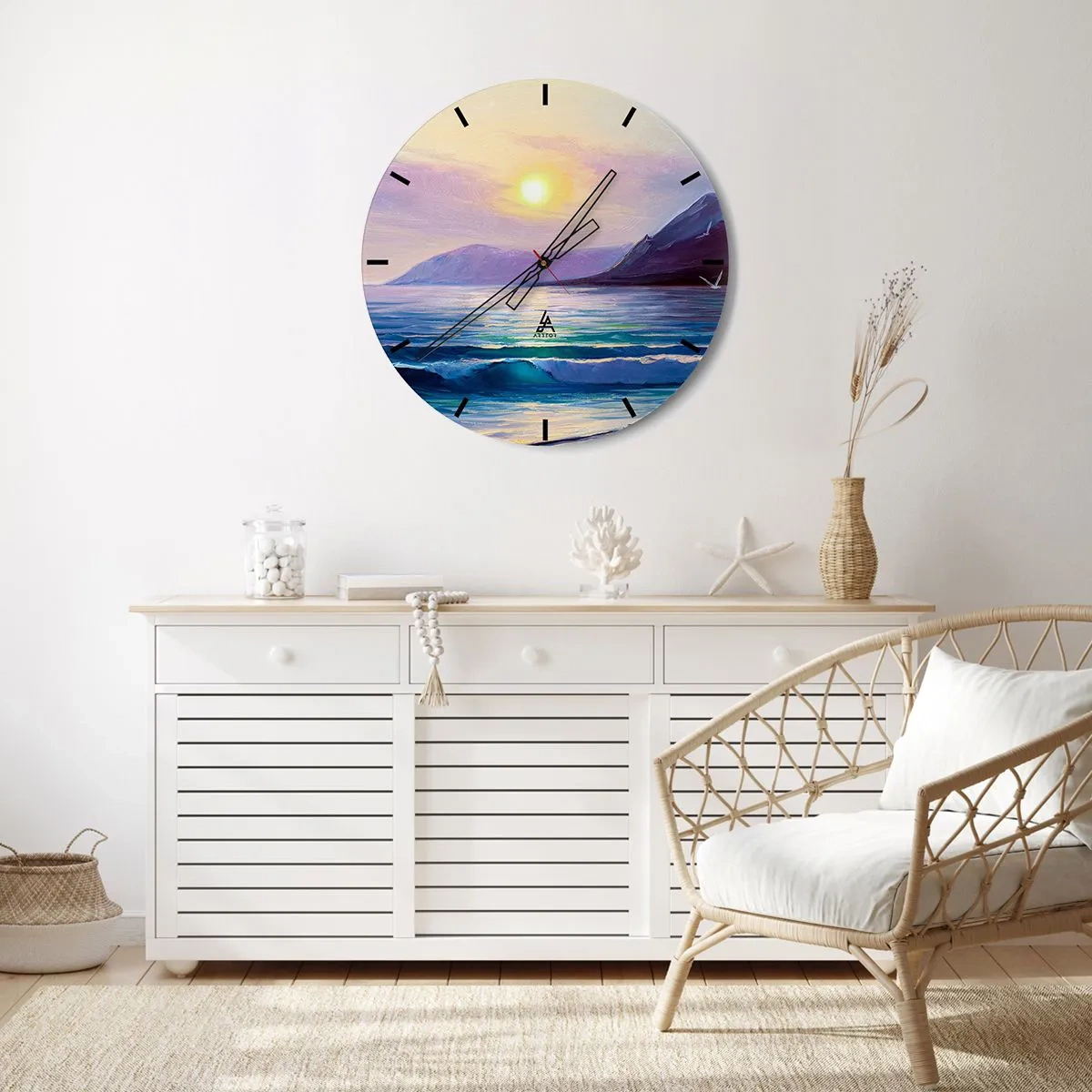 Väggklocka - Klocka på glas - Havslandskap med solnedgången - 30x30cm - Vattnets och luftens kristall - Modern väggdekoration för vardagsrum, kök och sovrum ARTTOR