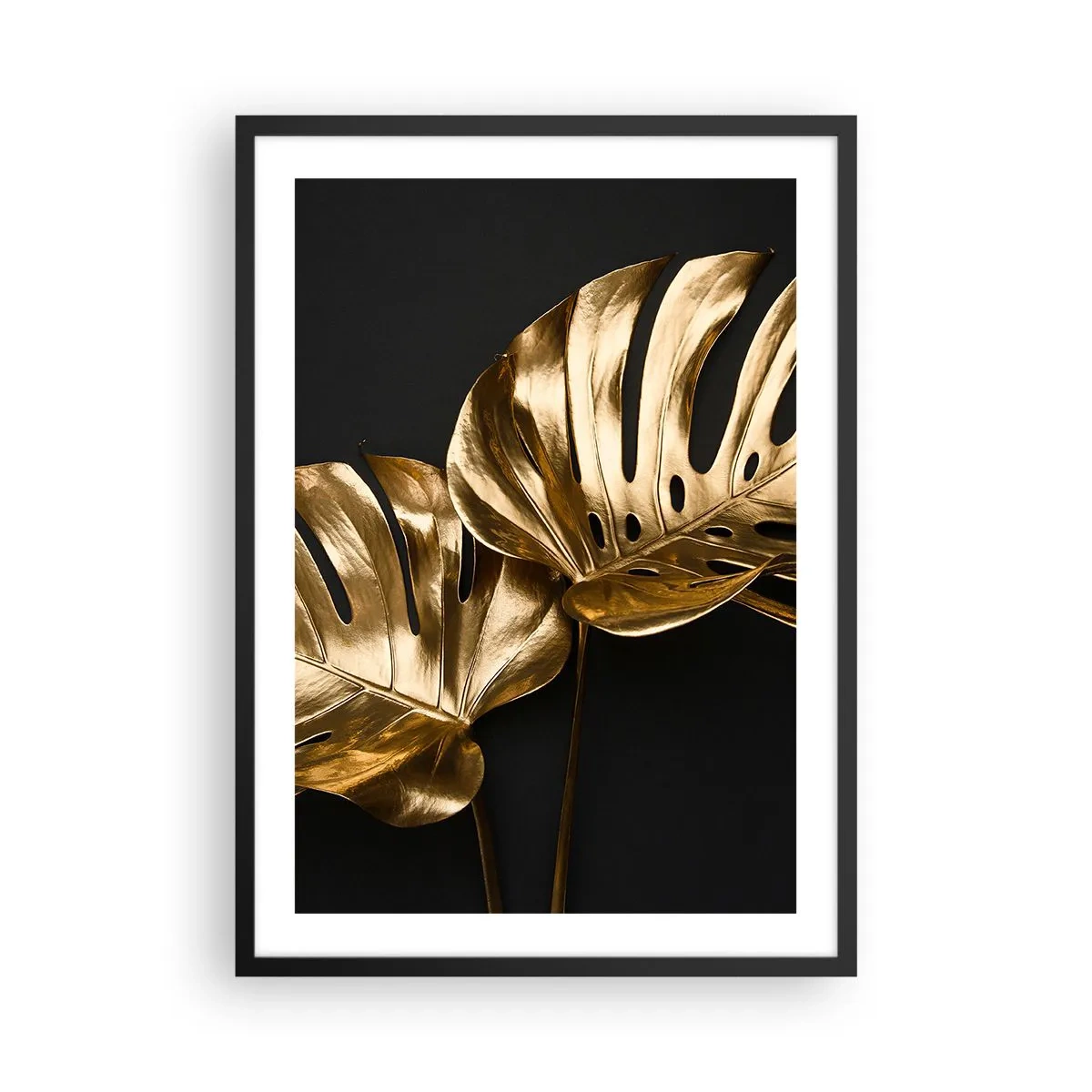Affisch i svart ram - Gyllene monsterablad på svart bakgrund, en elegant färgkontrast - 50x70cm - Naturens skatter - Modern väggdekoration för vardagsrum och sovrum ARTTOR