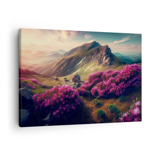 Canvastavla - Bild på duk - Berglandskap med blommande rhododendron - 70x50cm - Sommar i fjällen - Modern väggdekoration för vardagsrum och sovrum ARTTOR