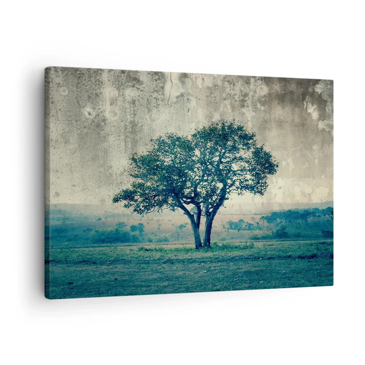 Canvastavla - Bild på duk - Ett ensamt träd mot ett dimmigt landskap - 70x50cm - Äppelträd på blå betesmark? - Modern väggdekoration för vardagsrum och sovrum ARTTOR