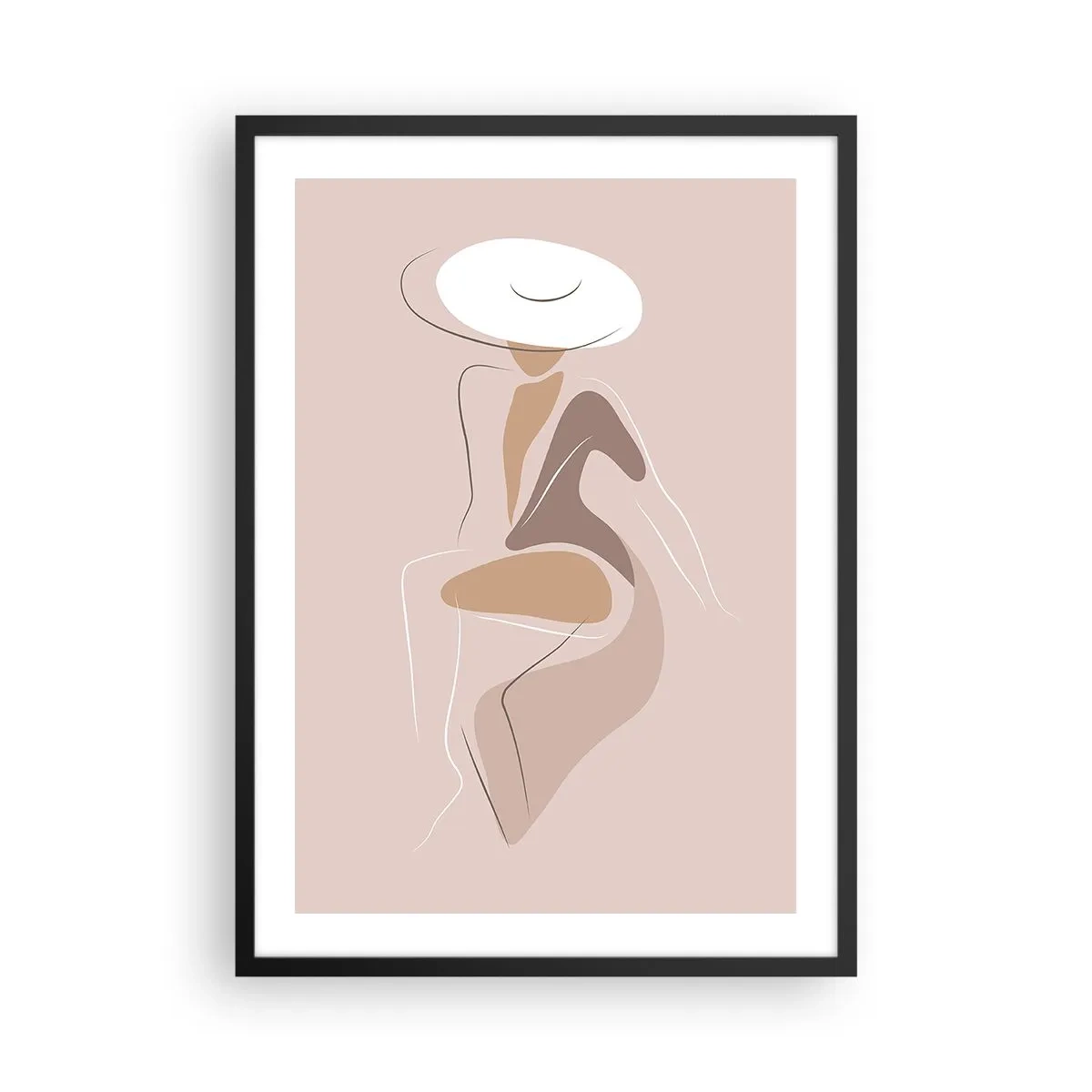Affisch i svart ram - En minimalistisk bild av en kvinna i hatt mot en beige bakgrund. - 50x70cm - Att vara dam - Modern väggdekoration för vardagsrum och sovrum ARTTOR