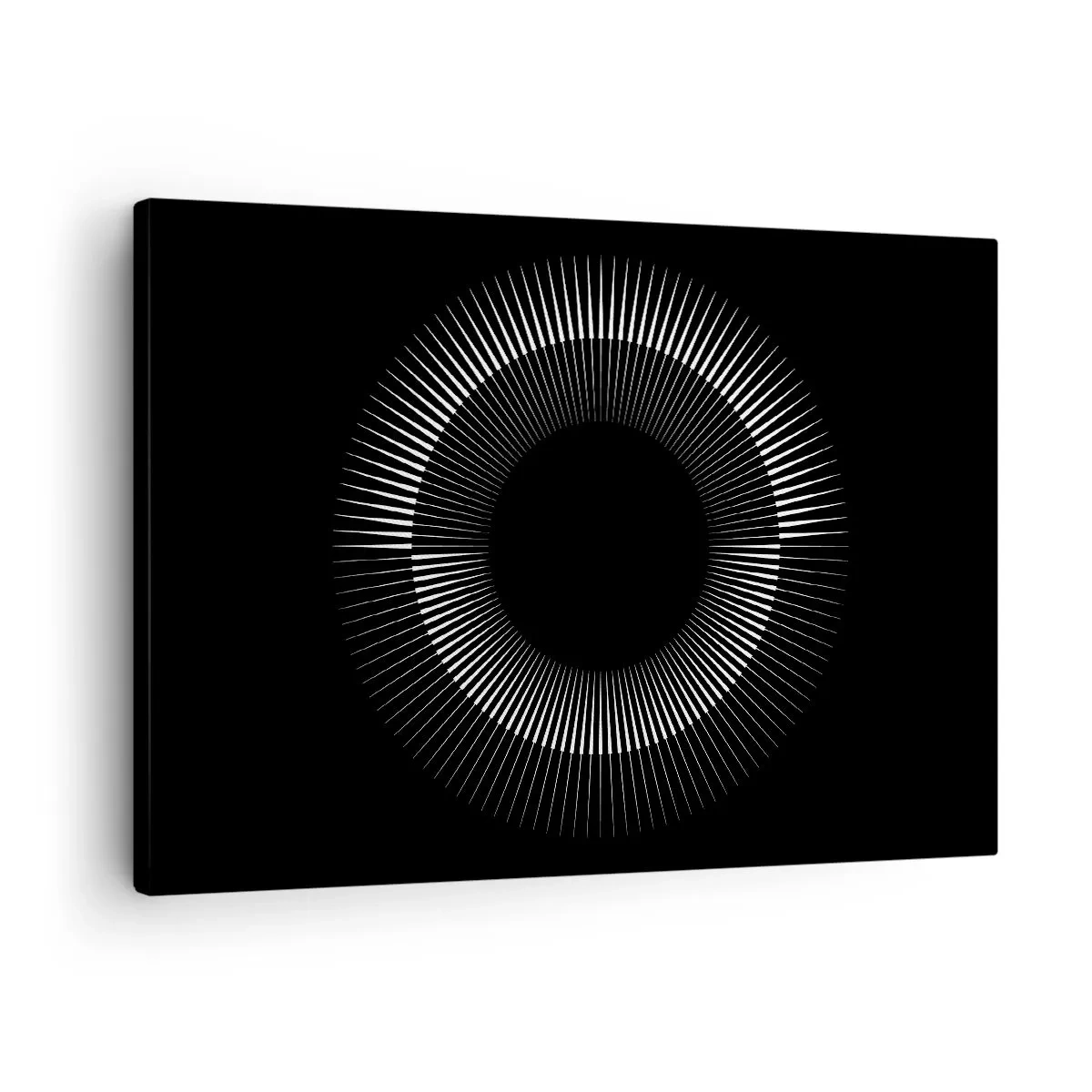 Canvastavla - Bild på duk - Grafisk cirkel med strålar i svartvitt - 70x50cm - Svart sol - Modern väggdekoration för vardagsrum och sovrum ARTTOR
