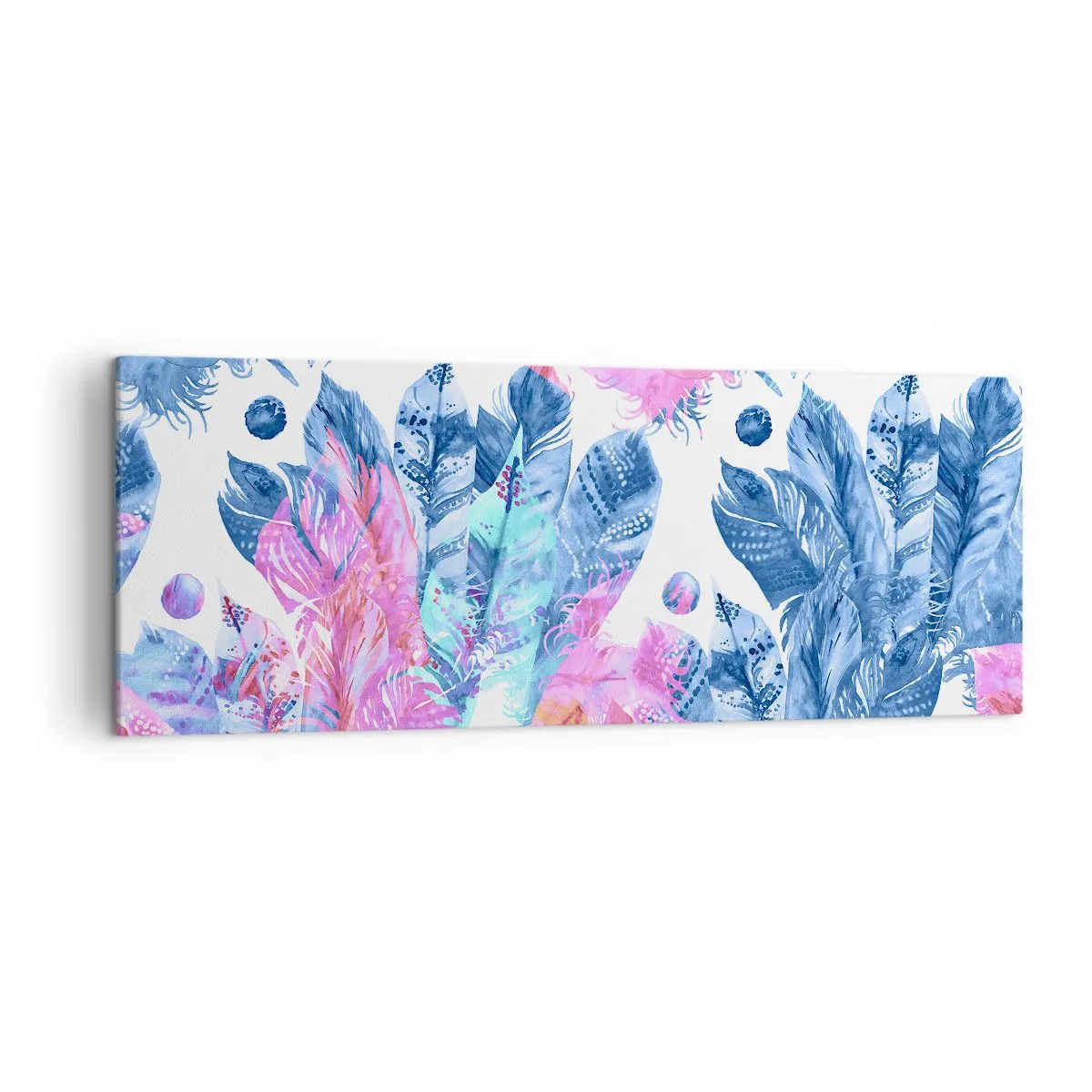 Canvastavla - Bild på duk - Fjädrar i vitt och blått - 140x50 cm