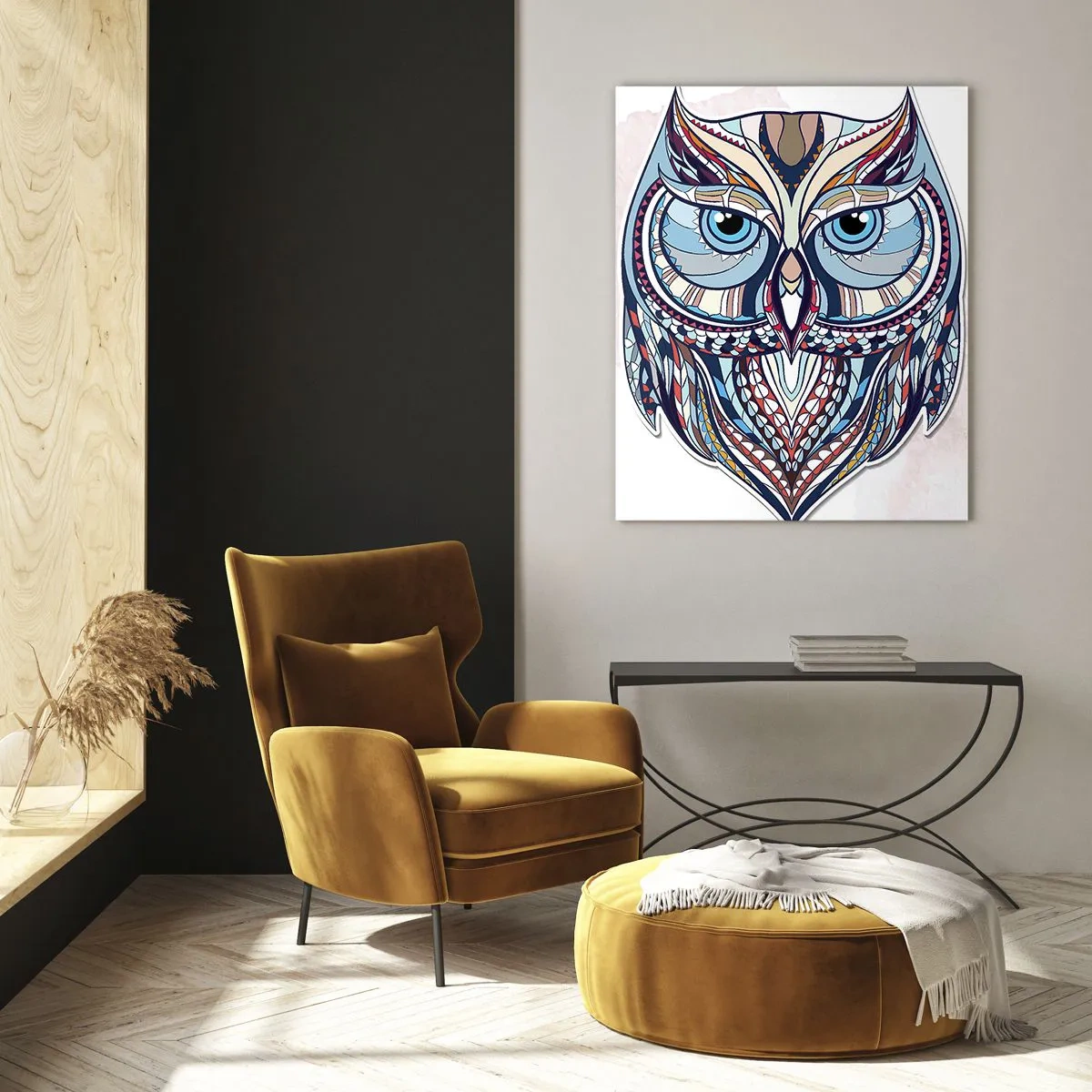 Glastavla - Bild på glas - Ornamentuggla - 50x70 cm