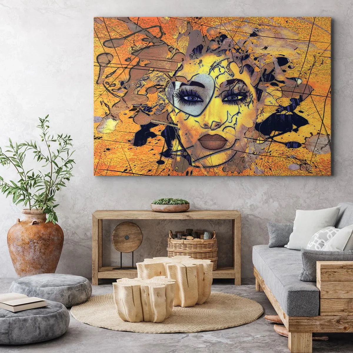 Canvastavla - Bild på duk - Abstrakt porträtt av en kvinna i gyllengula toner - 70x50cm - Solig skönhet - Modern väggdekoration för vardagsrum och sovrum ARTTOR