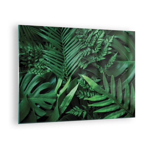 Glastavla - Bild på glas - Täta gröna blad av tropiska växter i kompositionen - 70x50cm - Omgärdade av grönskan - Modern väggdekoration för vardagsrum och sovrum ARTTOR