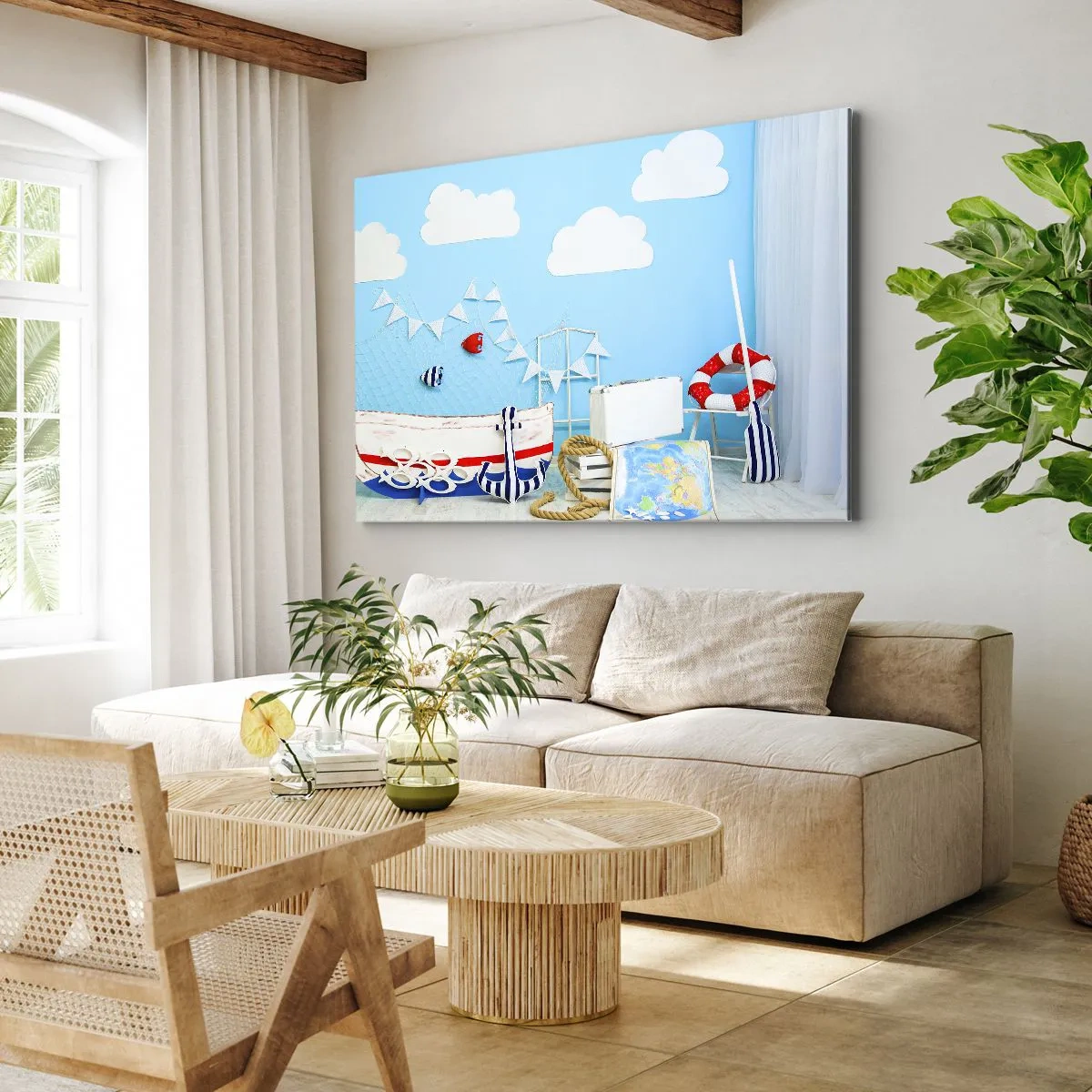 Canvastavla - Bild på duk - Nautisk dekoration med en båt och tillbehör på en blå bakgrund - 70x50cm - Barnlängtan till naturen - Modern väggdekoration för vardagsrum och sovrum ARTTOR