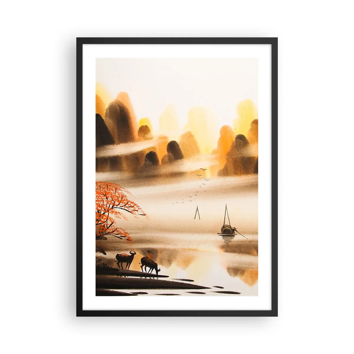Affisch i svart ram - Orientaliskt bergslandskap i dimman med en båt och djur - 50x70cm - Längre bort än Fjärran Östern - Modern väggdekoration för vardagsrum och sovrum ARTTOR
