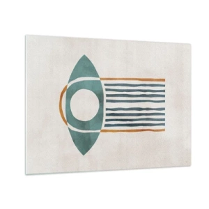 Glastavla - Bild på glas - Geometrisk form med en cirkel och linjer i nyanser av grönt och rött. - 70x50cm - Tecken och ritualer - Modern väggdekoration för vardagsrum och sovrum ARTTOR