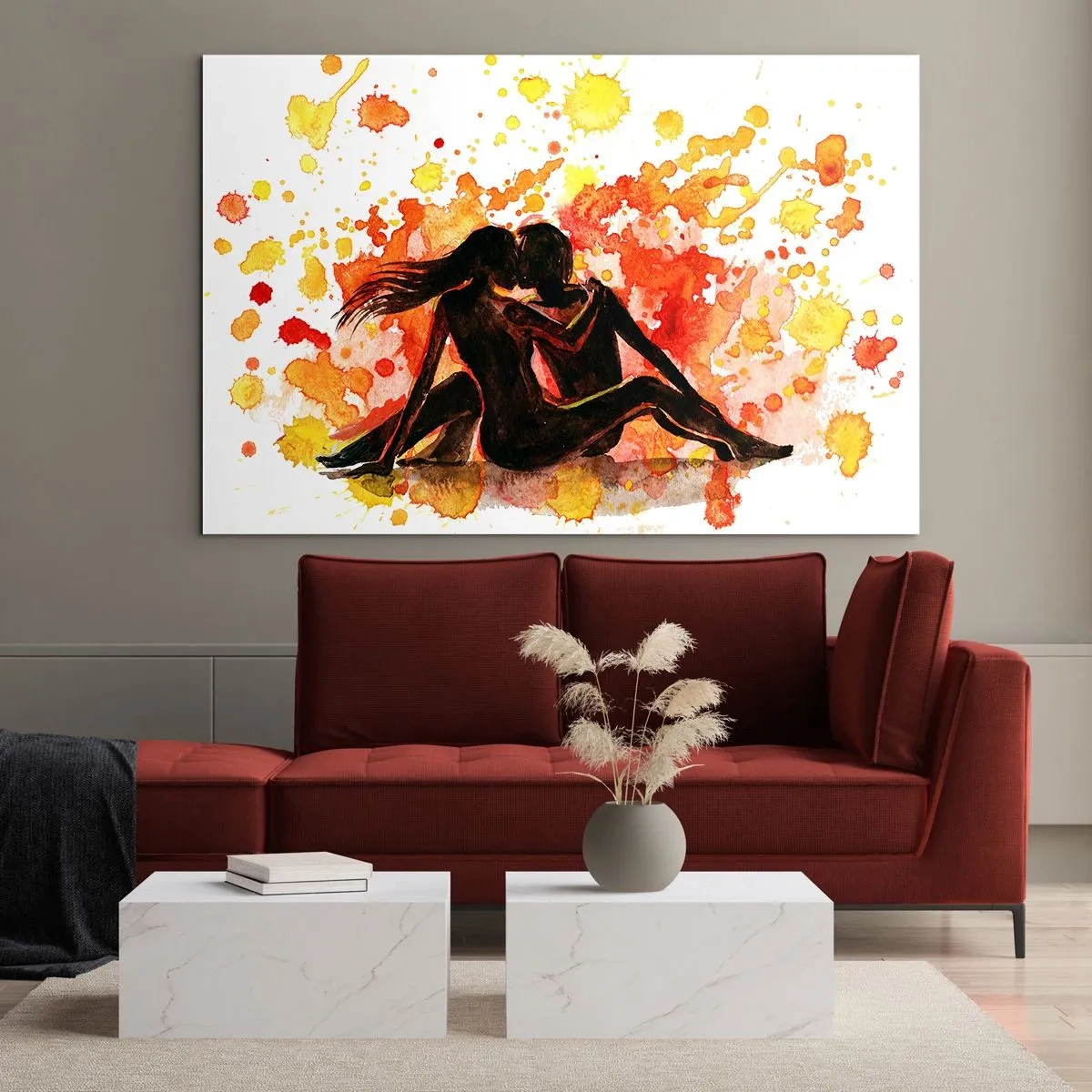 Glastavla - Bild på glas - Silhuett av ett par mot en bakgrund av färgglada akvarellfläckar - 70x50cm - Och så blev det ljus - Modern väggdekoration för vardagsrum och sovrum ARTTOR