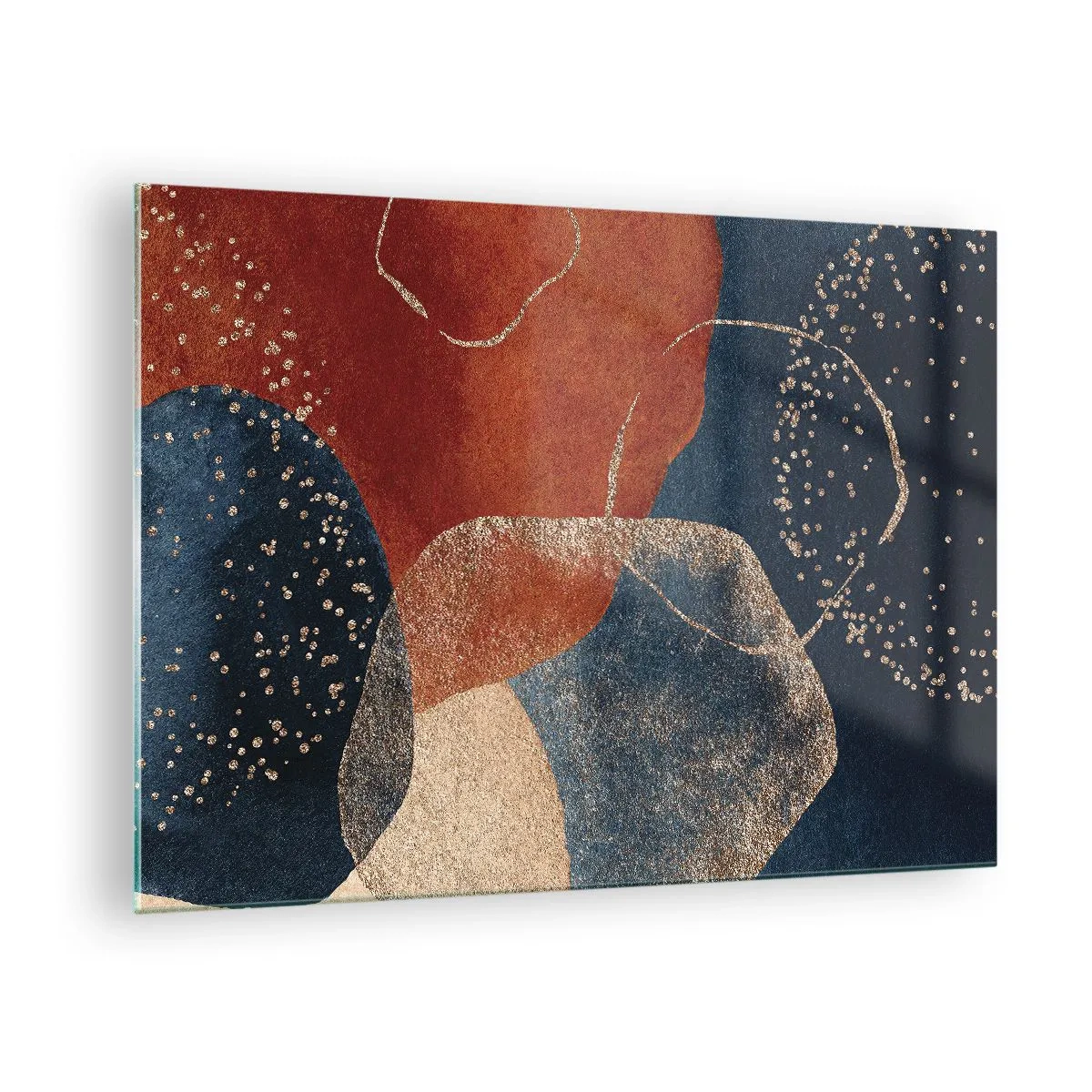 Glastavla - Bild på glas - Abstrakta former i nyanser av marinblått och koppar - 70x50cm - Existensens lätthet - Modern väggdekoration för vardagsrum och sovrum ARTTOR