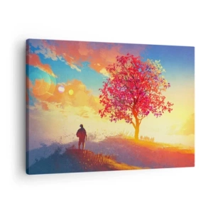 Canvastavla - Bild på duk - En figur på en kulle bredvid ett färgglatt träd i ljuset av den nedgående solen - 70x50cm - Pilgrim i målet - Modern väggdekoration för vardagsrum och sovrum ARTTOR