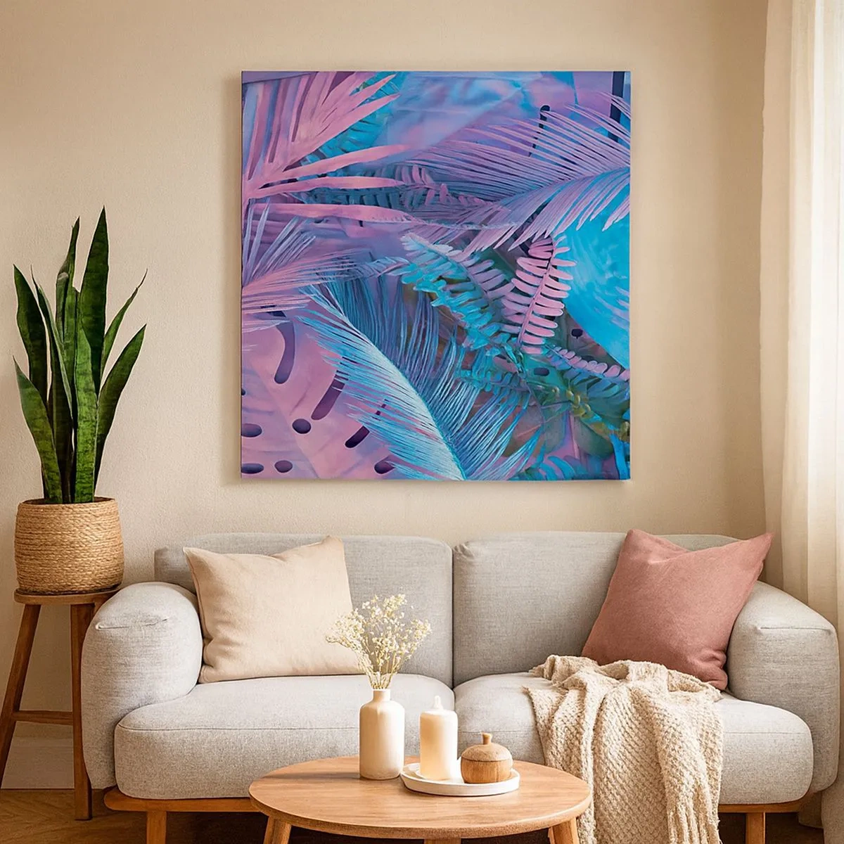 Canvastavla - Bild på duk - Tropiken i rosa och blått - 30x30 cm