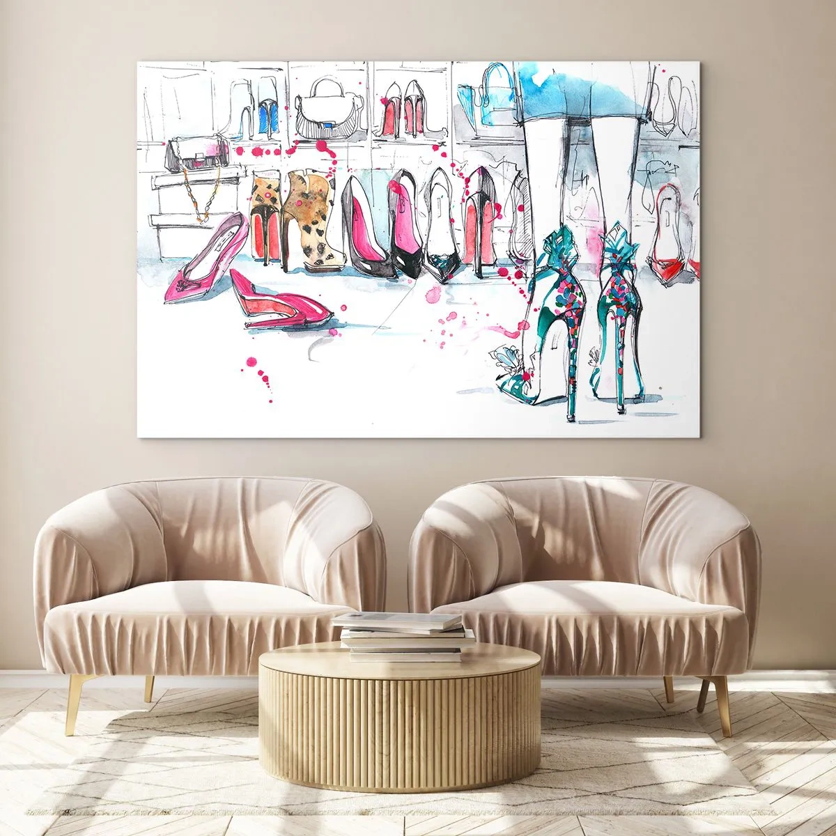 Glastavla - Bild på glas - Illustration av eleganta höga klackar i en butik - 70x50cm - Sesam, öppna dig - Modern väggdekoration för vardagsrum och sovrum ARTTOR