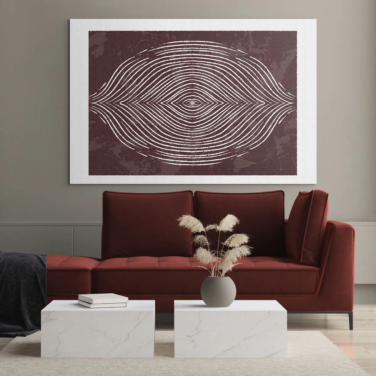 Glastavla - Bild på glas - Symmetriska linjer i form av ett öga på en vinröd bakgrund - 70x50cm - Rymden talar - Modern väggdekoration för vardagsrum och sovrum ARTTOR