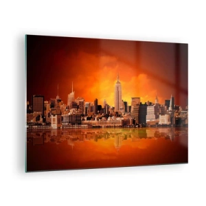 Glastavla - Bild på glas - Panorama över staden vid solnedgången - 70x50cm - Stostadspanorama i gul och brunt - Modern väggdekoration för vardagsrum och sovrum ARTTOR
