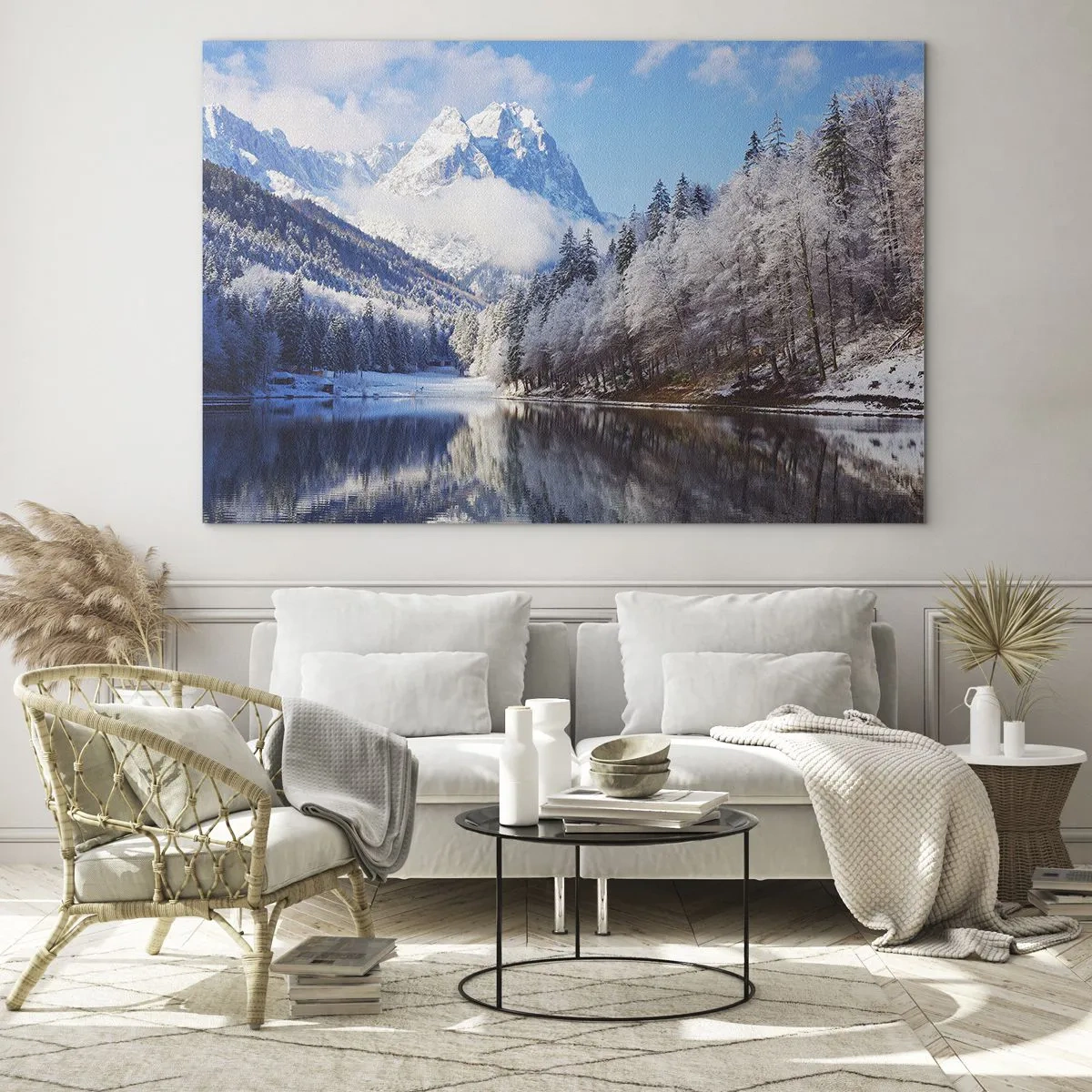 Glastavla - Bild på glas - Vinterlandskap med berg och en frusen sjö - 70x50cm - Snövakt - Modern väggdekoration för vardagsrum och sovrum ARTTOR